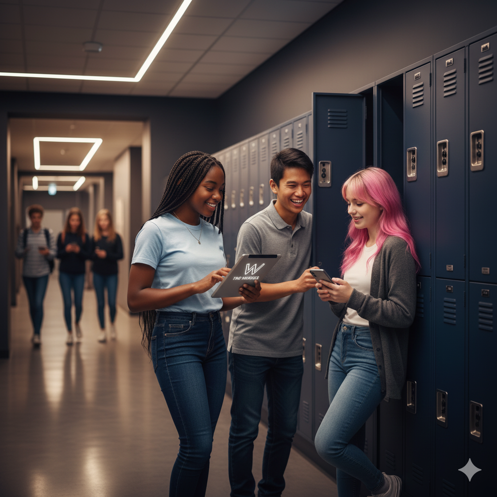 Students looking at a camera near lockers